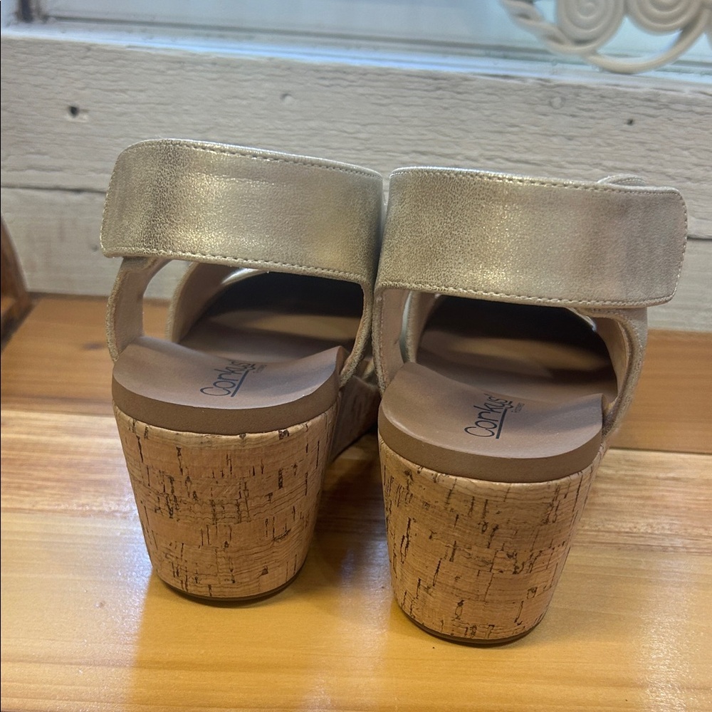 Corkys Metallic Gold Crisscross Cork Wedge Sandals - Picture 4 of 5